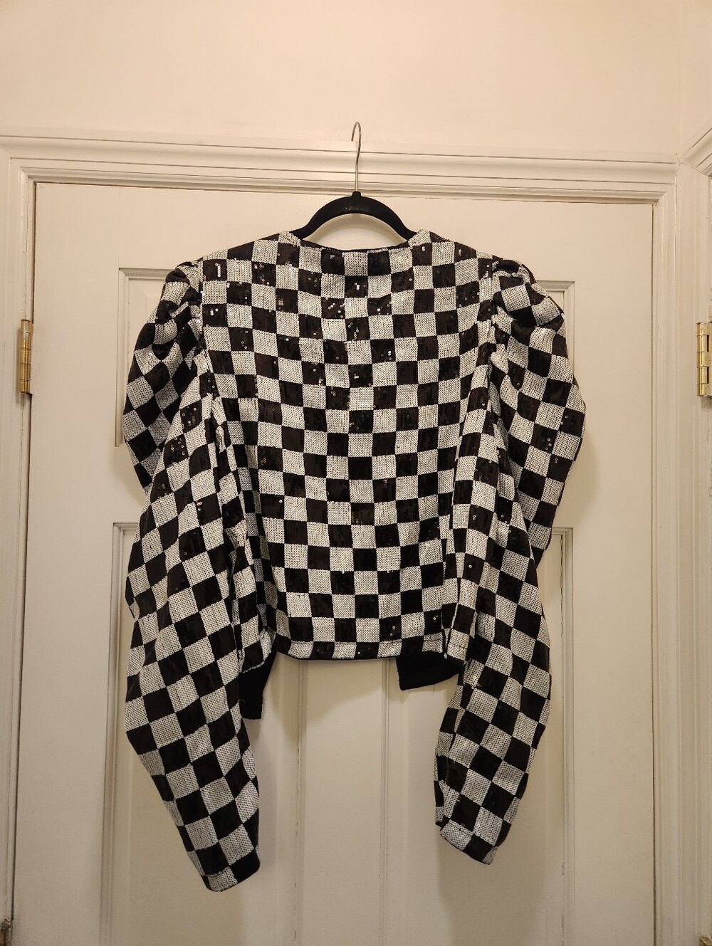 Vintage Black White Checkerboard Festival Sequin Puff Sleeve Blazer Jacket L - Picture 5 of 5